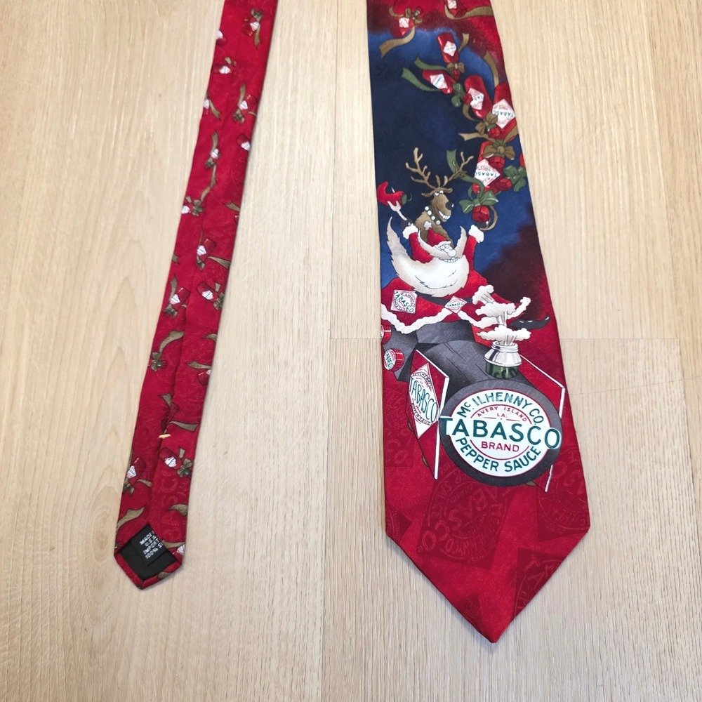 Tabasco Christmas Silk Tie Red Santa Reindeer Hot Sauce Holiday‎ Necktie Novelty